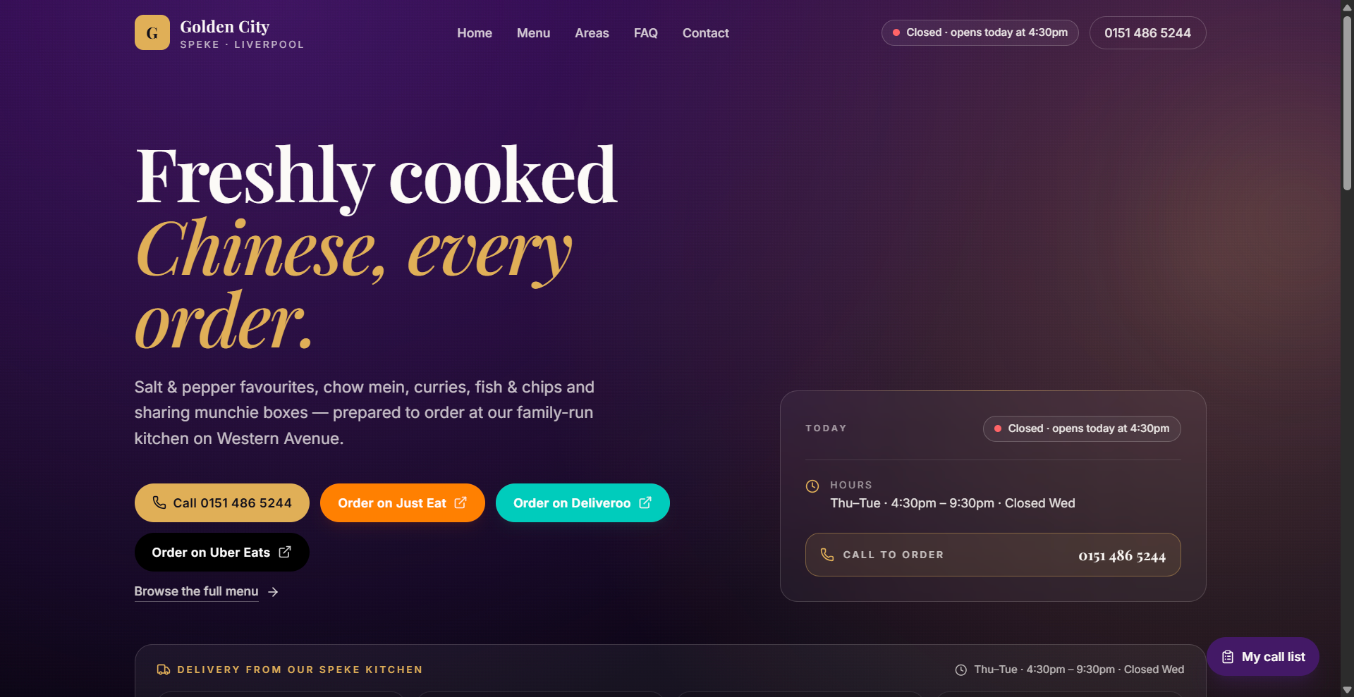 Golden City Chinese Takeaway website — Speke, Liverpool